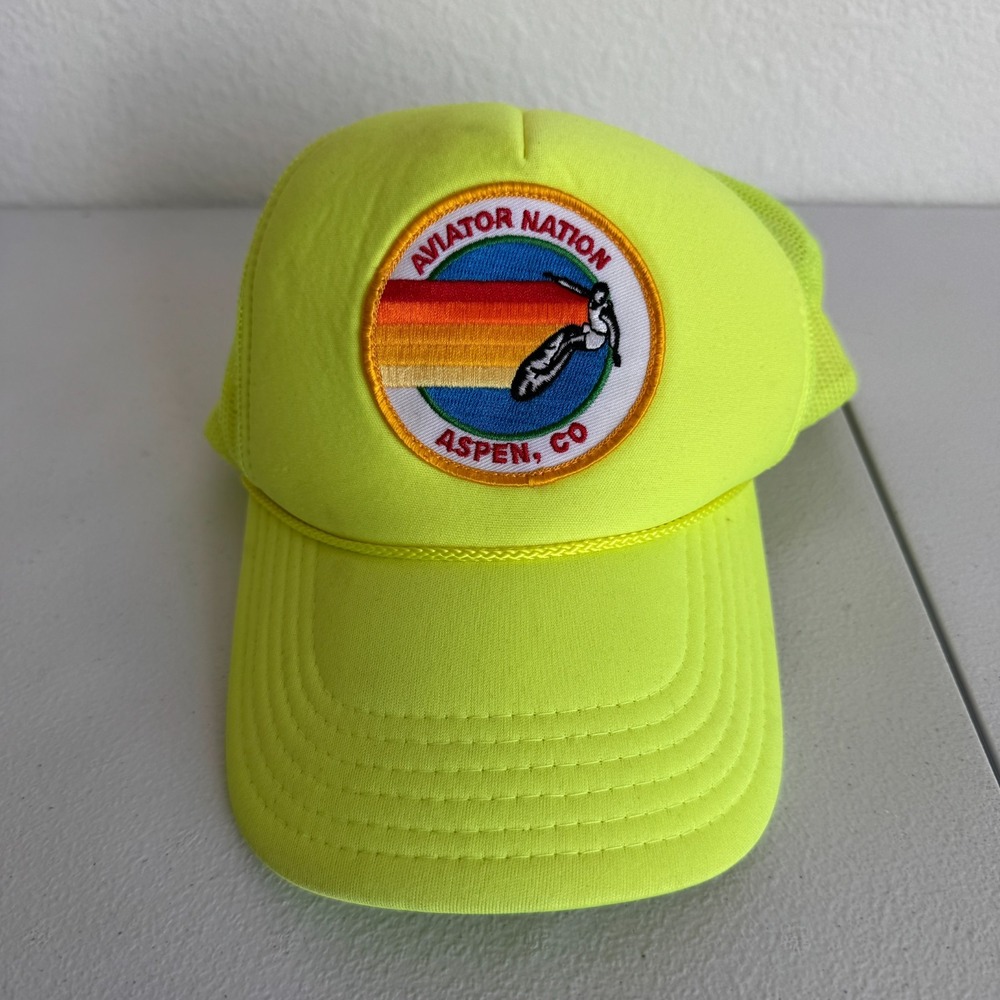 Aviator Nation Aspen CO Neon Yellow Trucker Hat Rainbow Patch Snapback Cap